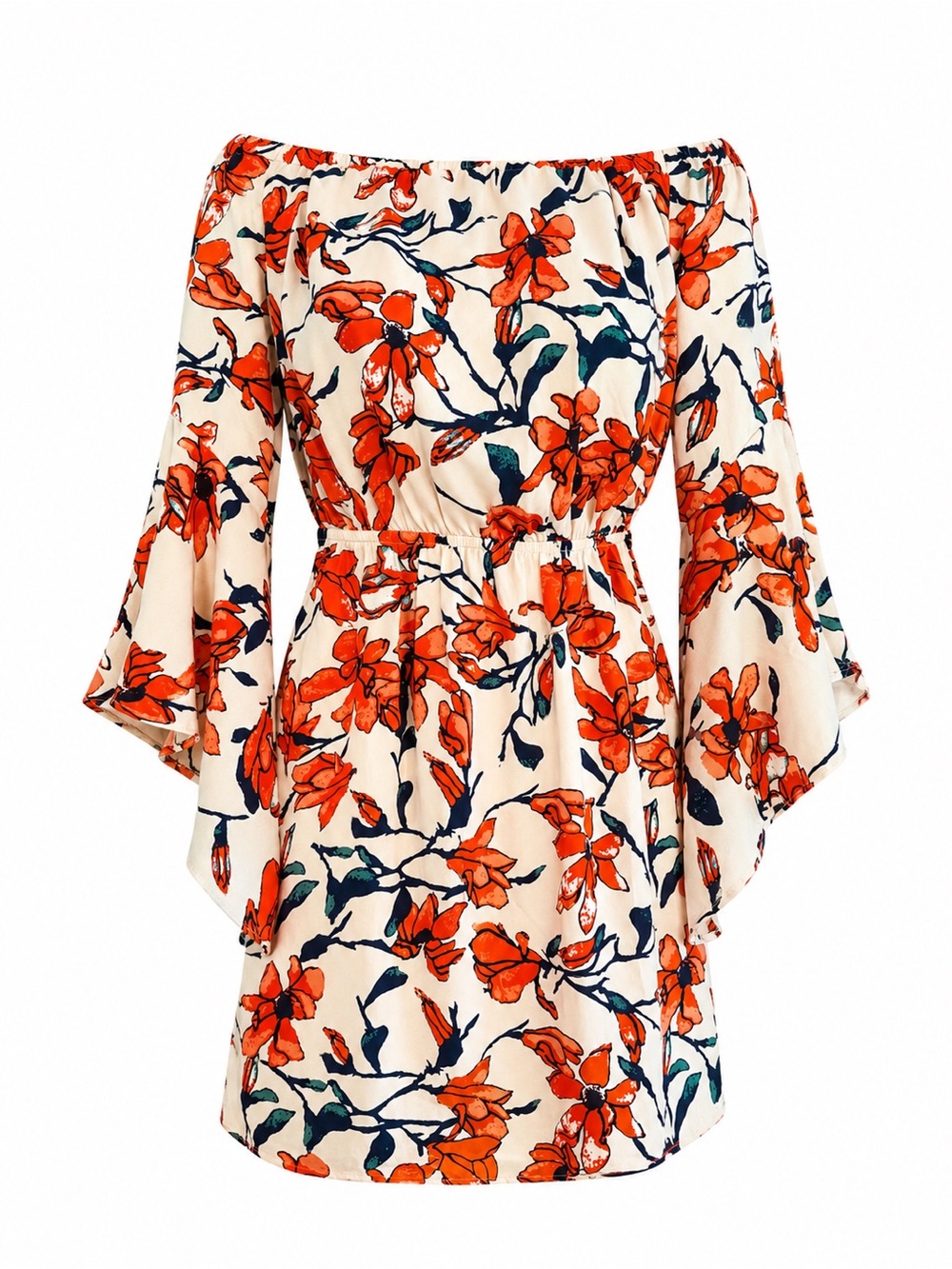 Off-Shoulder Floral Mini Dress Women’s Size Small Red/Orange Bell Sleeve Boho